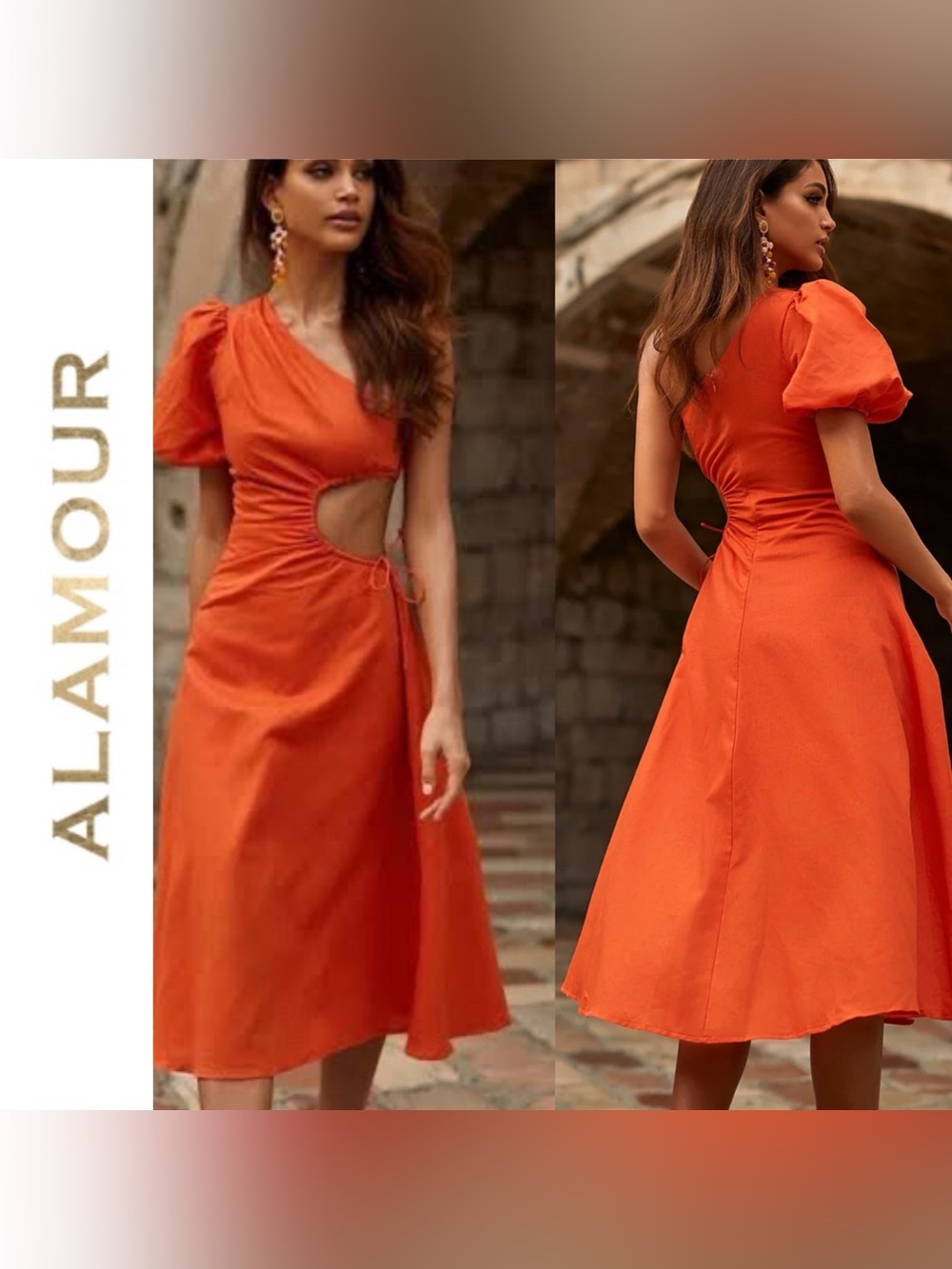 NWT Alamour The Label Morena Orange Cut Out Midi Dress Resortwear Wedding Guest - Picture 4 of 10